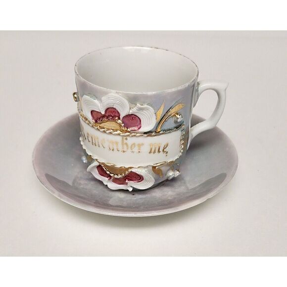 Vintage Germany Porcelain “Remember Me” Friendship Mug Raised Flower - Picture 1 of 7